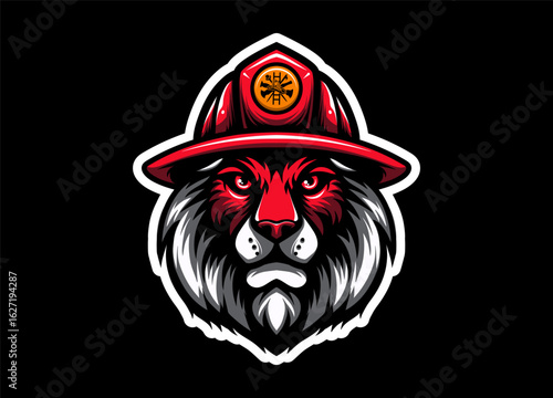 Fierce lion mascot head wearing a firefighter helmet, symbolizing bravery, strength, and heroism. Ideal for logos, team branding, emergency services, and bold vector illustrations.