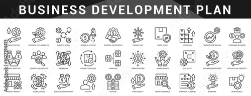 Comprehensive icon pack for building and executing business plans, from initial planning to strategic rollout and performance tracking.