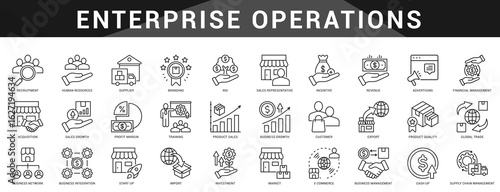 Enterprise operations icons covering procurement, warehousing, logistics, and performance tracking to streamline systems.