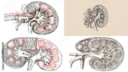 Detailed anatomical illustrations of the human kidney cross-section, highlighting internal structures. Ideal for educational, medical, or anatomical reference.

