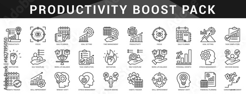 Productivity boosting icons to optimize workflow, energy, and focus with visual tools for habits, goals, and daily planning.