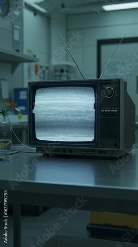 Vintage Television with Static Screen Display on Table Indoors