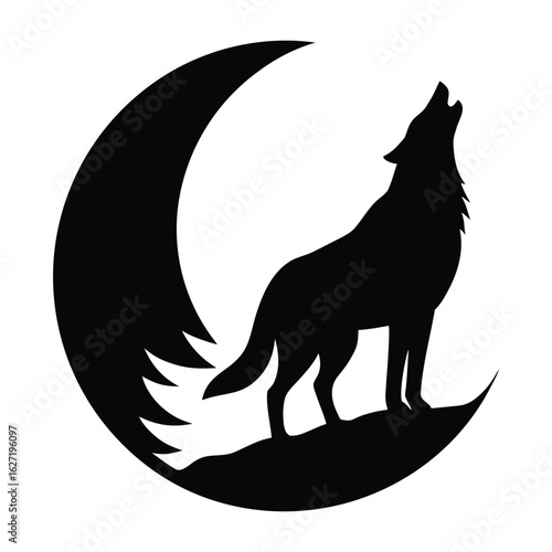 Black silhouette of a wolf howling at a crescent moon on a white background animal