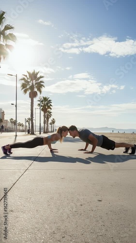 Young Couple Doing Pushups Together on the Beach on a Sunny Day