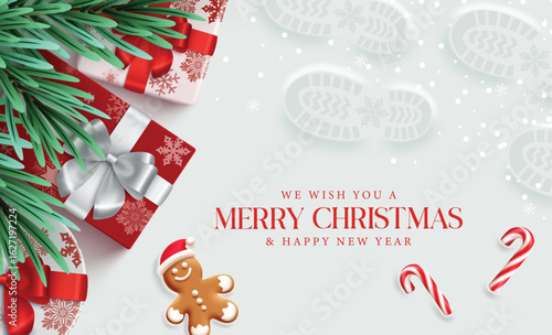 Merry Christmas greeting clipart design. Christmas card and wishing happy new year clip art with Santa Claus footprint in snow winter background design vector illustration.
