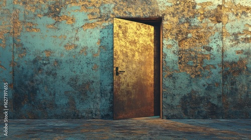 Open golden door in a weathered teal wall.