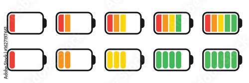 Battery icon vector illustration. Battery charging sign and symbol. Battery charge level. Battery vector icon set with charge level indicators. Flat simple isolated icons on white background