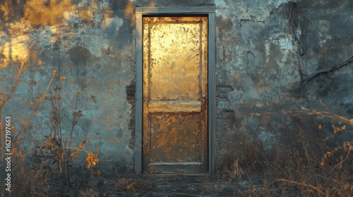 Golden door on weathered stone wall, overgrown with plants.