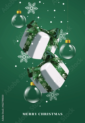 Merry Christmas greeting clipart poster. Merry Christmas green card clip art with hanging gift boxes, glass balls and snowflakes decoration elements for holiday season in green background vector 