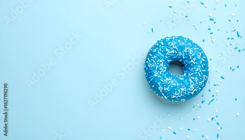 Sprinkled Blue Donut. Glazed Sprinkled Donut On Light Blue Background. Top View, Copy Space.