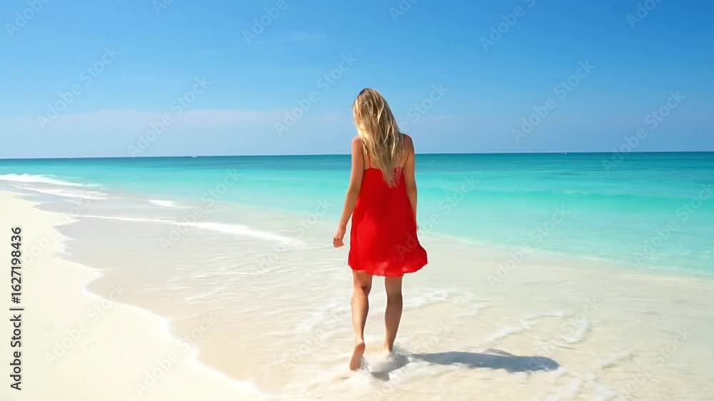 A blonde woman in a red dress walks along a white sand beach toward turquoise ocean under a clear blue sky A blonde woman in a red dress walks along a white sand beach toward turquoise ocean under a clear blue sky