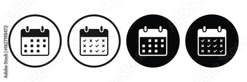Black and white calendar clipart in round shapes. Schedule and planner symbol pack, Calendar icon silhouette design for logo, app, website. Calendar sign and symbol icon. Vector illustration.