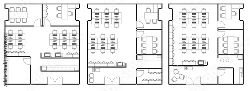 2D AutoCAD Office Furniture Layout Plan in 3 Styles, Vector Drawing