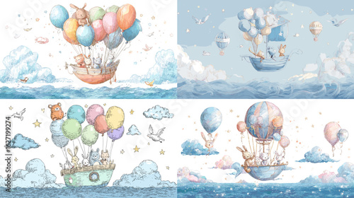 Whimsical watercolor illustrations of animals floating in hot air balloons through dreamy skies. Perfect for nursery art, storybooks, or dreamy adventure themes.

