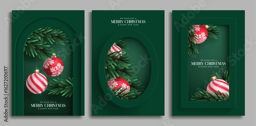 Merry Christmas card clipart poster set. Christmas and Happy New Year greeting clip art with hanging xmas balls and pine tree paper cut decoration elements for green template collection vector 