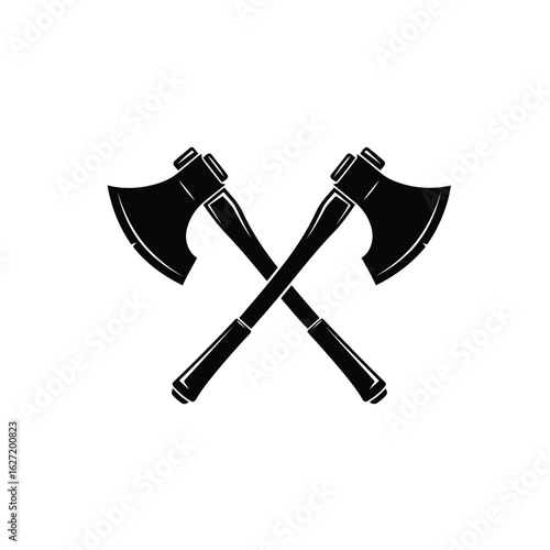 Two crossed axes icon in Vector illustration of black and white hatchet tool
