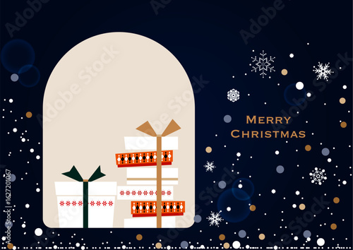 クリスマス・ホリデーのイラスト素材。雪の結晶と窓際に積み上げられたギフトボックス。ホリデーシーズンの背景素材。