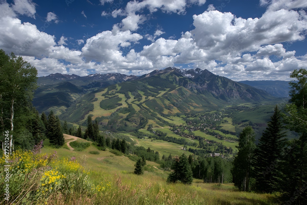 Fototapeta premium Serene Mountain Vista Under Summer Skies