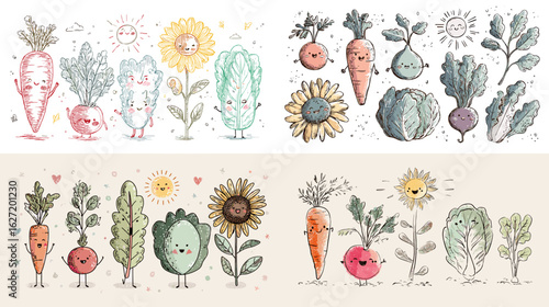 Charming hand-drawn vegetable characters and sunflowers in soft watercolor textures, perfect for gardening, children’s nutrition, eco themes, and farm-inspired illustrations.

