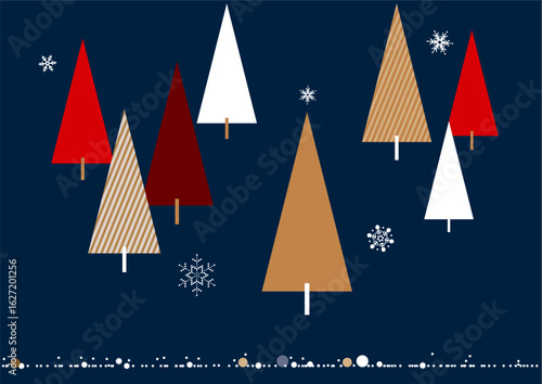 クリスマス・ホリデーのイラスト素材。木々の間に雪の結晶が舞う背景素材。クリスマス・バナー素材。