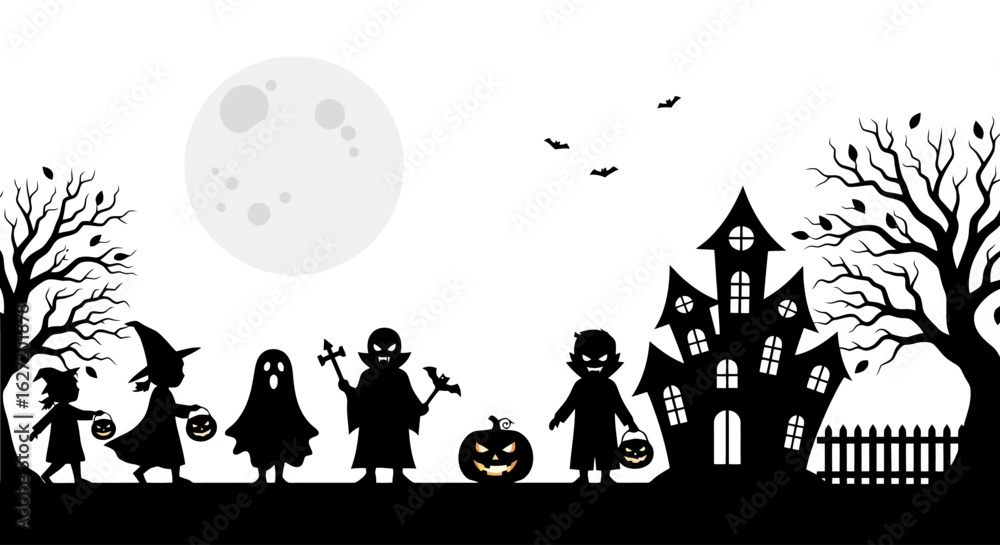 Fototapeta premium Halloween Night Out: Silhouettes of Trick-or-Treaters