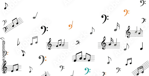 Musical notes background with floating clefs and staves, black and orange music symbols on white, creative melody vector illustration