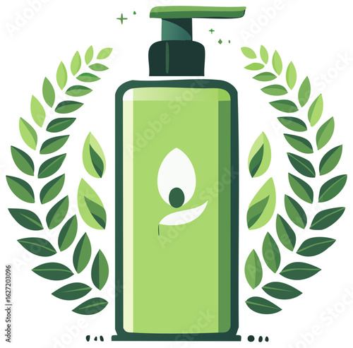 Green pump bottle surrounded by leaves symbolizing natural organic beauty and wellness products
