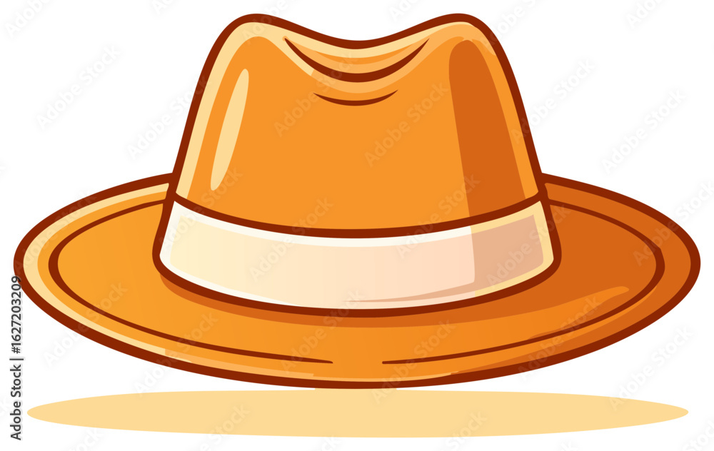 Cartoon illustration of a golden fedora with a white ribbon for fashionable vintage or casual style attire Cartoon illustration of a golden fedora with a white ribbon for fashionable vintage or casual style attire