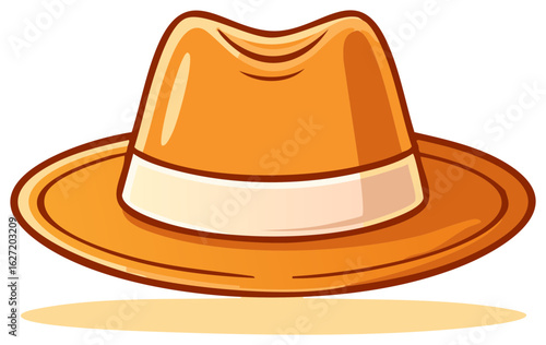 Cartoon illustration of a golden fedora with a white ribbon for fashionable vintage or casual style attire