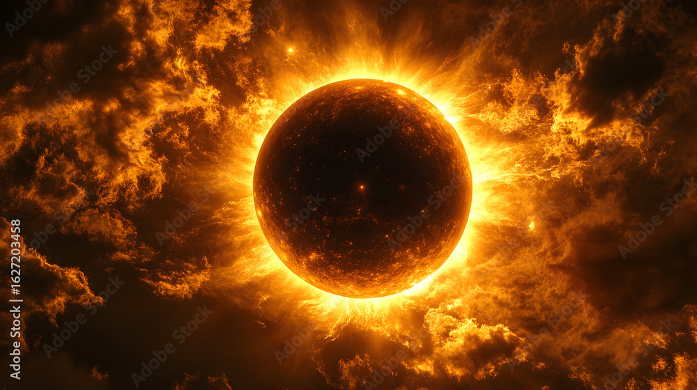 Obraz premium Solar eclipse in dramatic sky. Stunning solar eclipse with vibrant corona and dramatic clouds in the background, celestial event