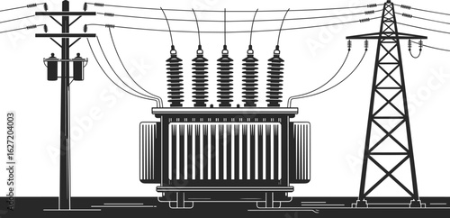 Electric power transformer station vector, detailed CAD drawing of substation with transmission lines, insulators, high voltage towers, and components