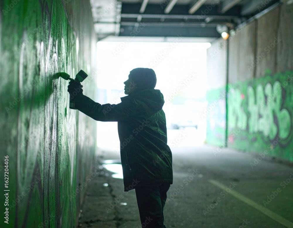 Fototapeta premium Silhouetted person spray painting green graffiti on an urban tunnel wall