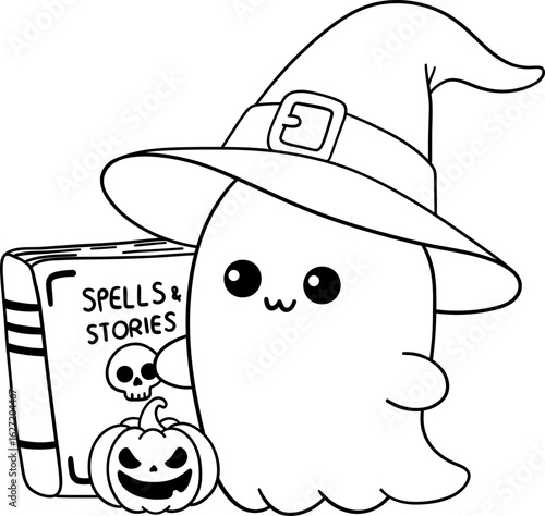 halloween cute ghost with witch hat reading a spells and stories book in outline cartoon style