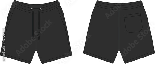 Flat vector illustration of black casual shorts front and back view with drawstring waist, pocket detail, modern minimalist fashion design