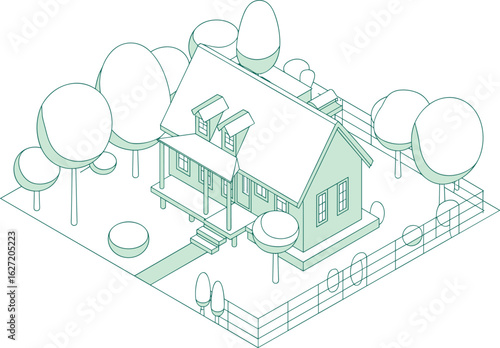 Flat vector illustration of countryside house with porch, front yard, surrounding trees, windows, stairs, and fence in isometric design