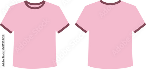 Flat vector illustration of pink ringer t-shirt front and back view, short sleeves, round neck, casual fashion blank apparel mockup