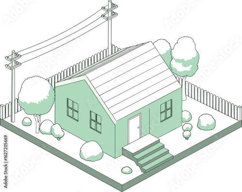 Flat vector illustration of small green house with fence, garden, stairs, windows, trees, power poles, and outdoor landscaping scene