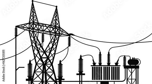 High voltage power transmission system vector, detailed substation and transformer connection drawing with electric tower, insulators, and cable network layout