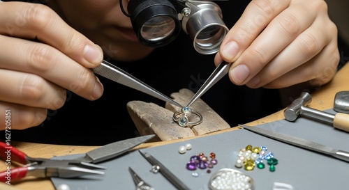 Jeweler meticulously setting gemstones into a ring using tweezers and a magnifying loupe for precision, concept for jewelry design, custom jewelry creation and artisan craftsmanship