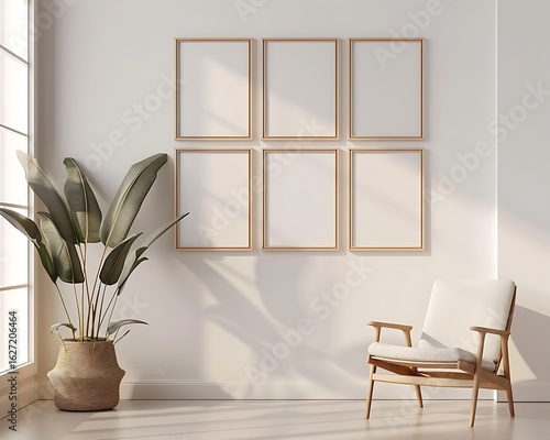 Interior with gallery wall layout, multiple empty frames in various sizes for mockup, minimalist background, soft shadows