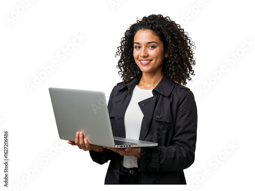 Smiling confident young woman with curly hair holding a laptop computer in her hands isolated on transparent background