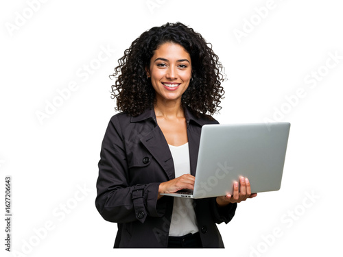 Smiling young business professional woman with curly hair holding a laptop computer isolated on transparent background