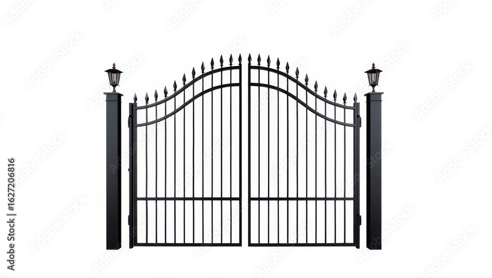 Elegant black wrought iron double gates with decorative finials and arched top on white background Elegant black wrought iron double gates with decorative finials and arched top on white background