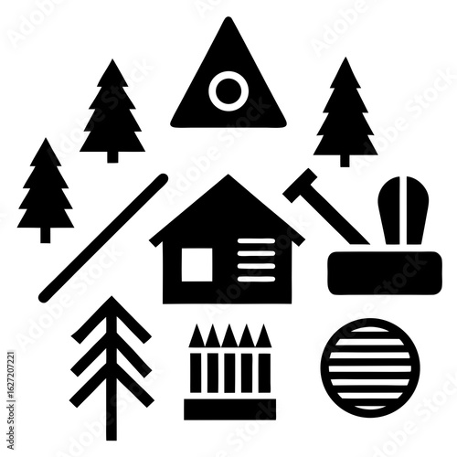 Collection of simple black icons representing a cabin trees a warning sign a hammer and anvil a fence and a circular grill