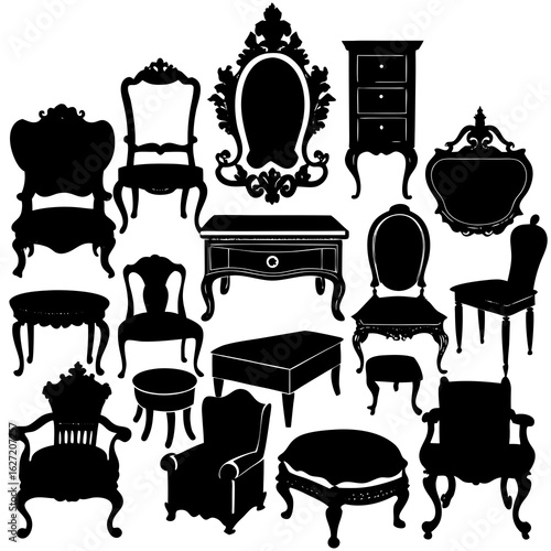 Collection of antique furniture silhouettes including ornate chairs tables mirrors and a dresser
