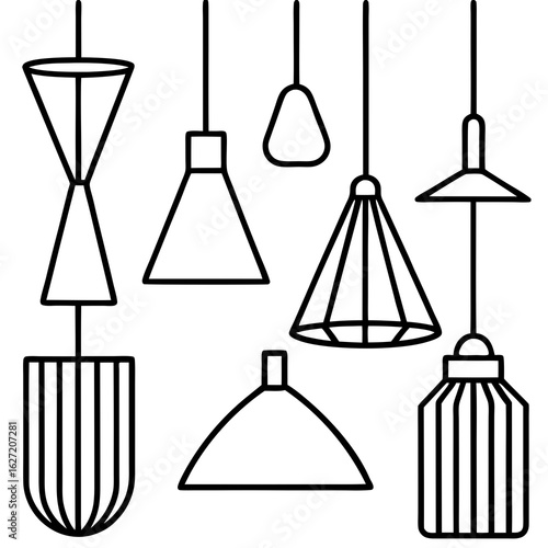 Collection of modern geometric pendant light fixtures in a minimalist line art style