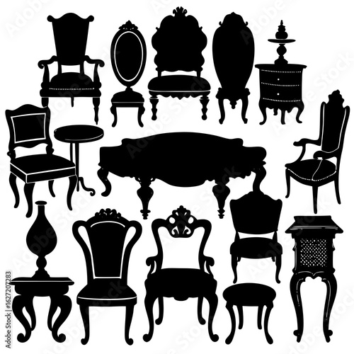 Collection of antique furniture silhouettes including chairs tables and a dresser on a white background