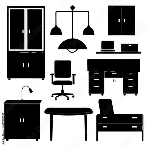 Collection of black silhouette office furniture and lighting elements on a white background