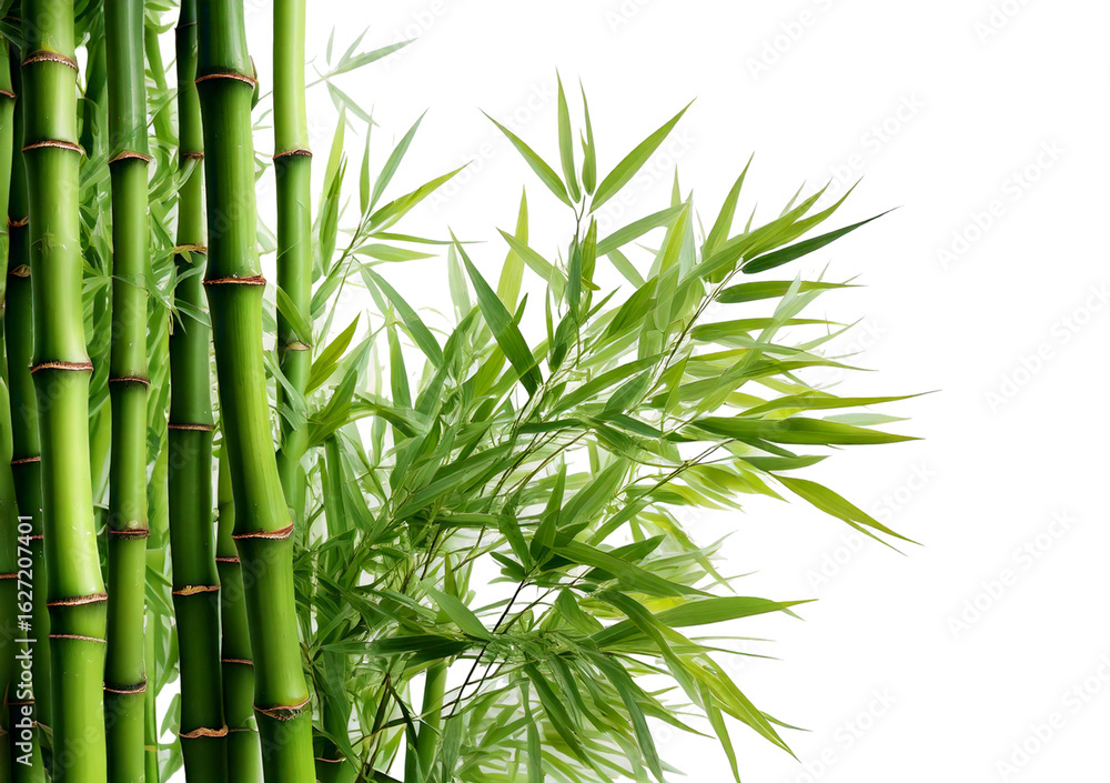 Fototapeta premium Green bamboo stalks and leaves isolated on a transparent or white background