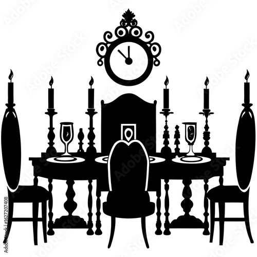 Elegant dining room setting with a grand table chairs candelabras wine glasses and a decorative clock